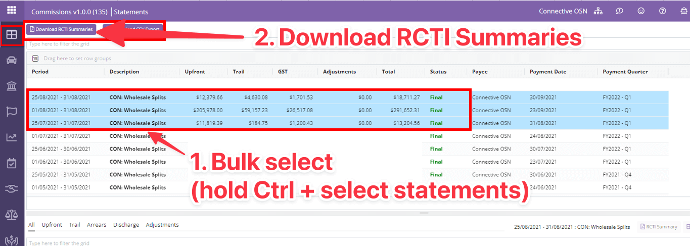 Connective Export Trail Reports RCTI Summaries
